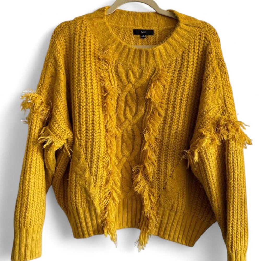 Fate Golden Mustard Fringe Cable Pullover